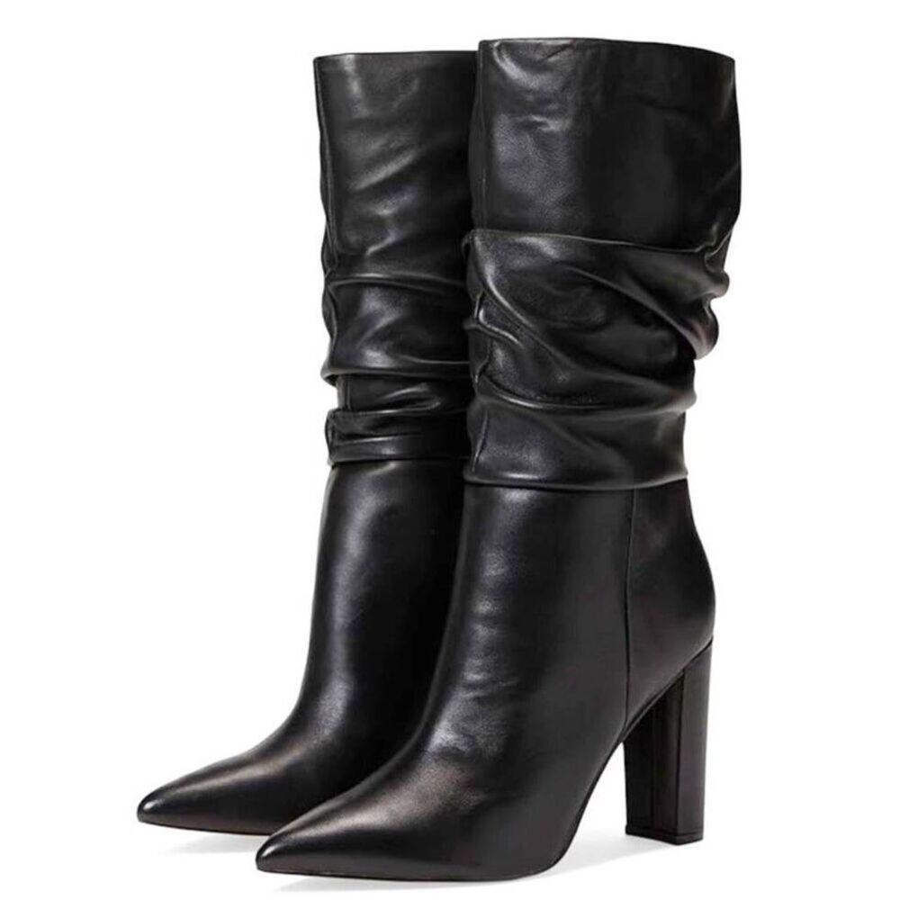 Marc Fisher Gomer Size 10 Women Black Heeled Boot Pointed Toe Block Heel Slouchy